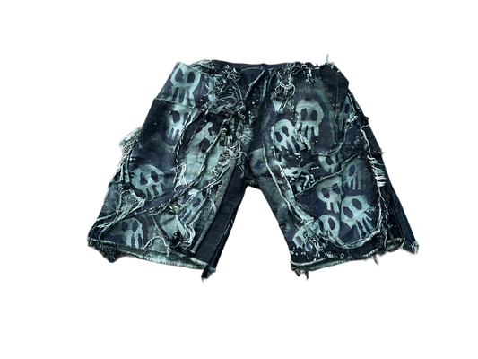 distressed green skull denim short